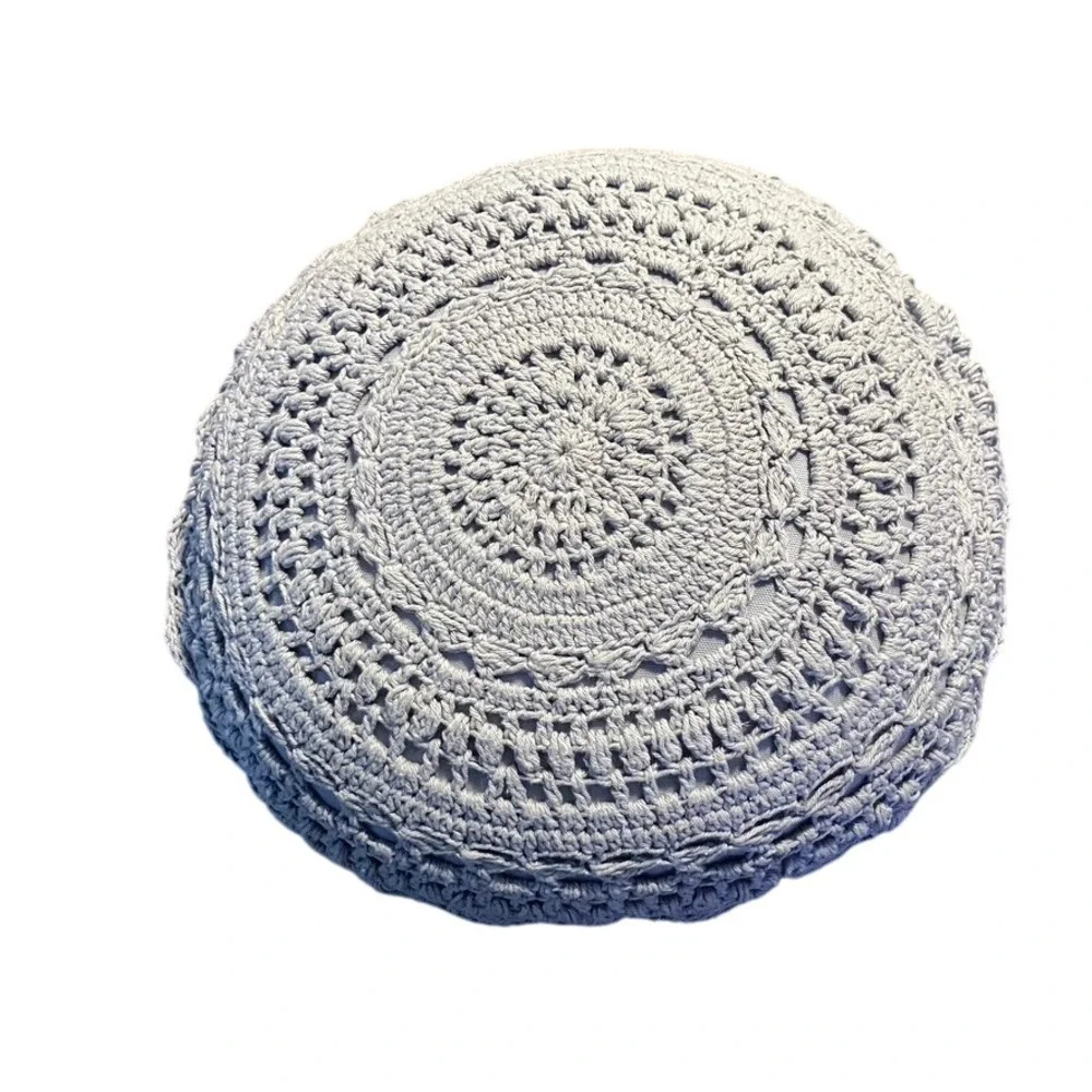 Round Crochet Decorative Pillow‎ Blue Boho Chic Accent Pillow Lavender Feminine